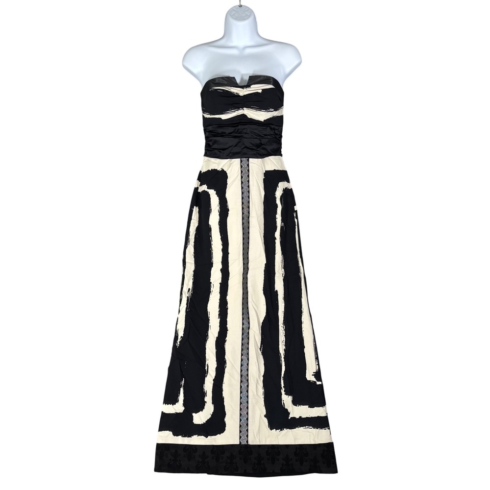 Nicole Miller Strapless Silk Gown Black Cream Abstract Brushstroke Maxi Dress 0‎
